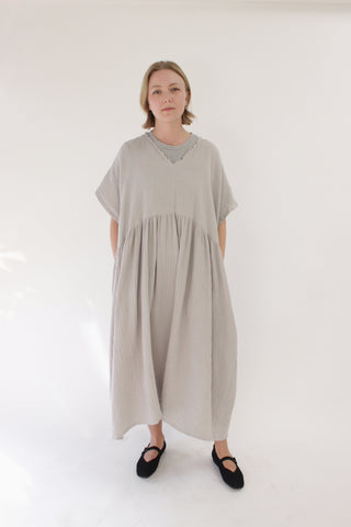 V-Neck Dress in Grey Double Cotton Gauze