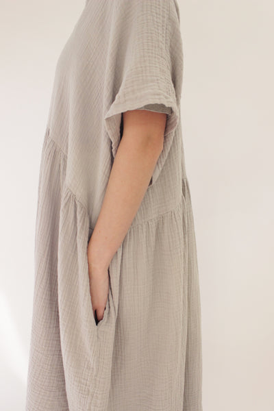 V-Neck Dress in Grey Double Cotton Gauze
