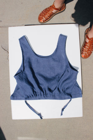Cinched Tank Top in Blue Linen