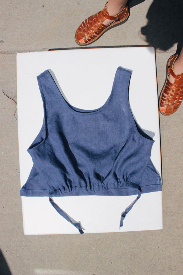 Cinched Tank Top in Blue Linen