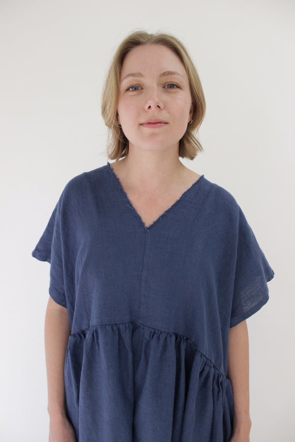 V-Neck Dress in Blue Linen